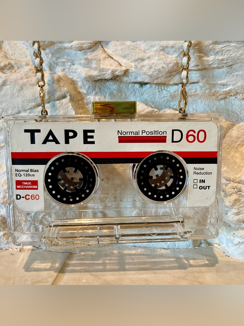80’s PARTY READY Retro Cassette Tape Crossbody Bag - Clear w/Black & Red Detail - Picture 3 of 16